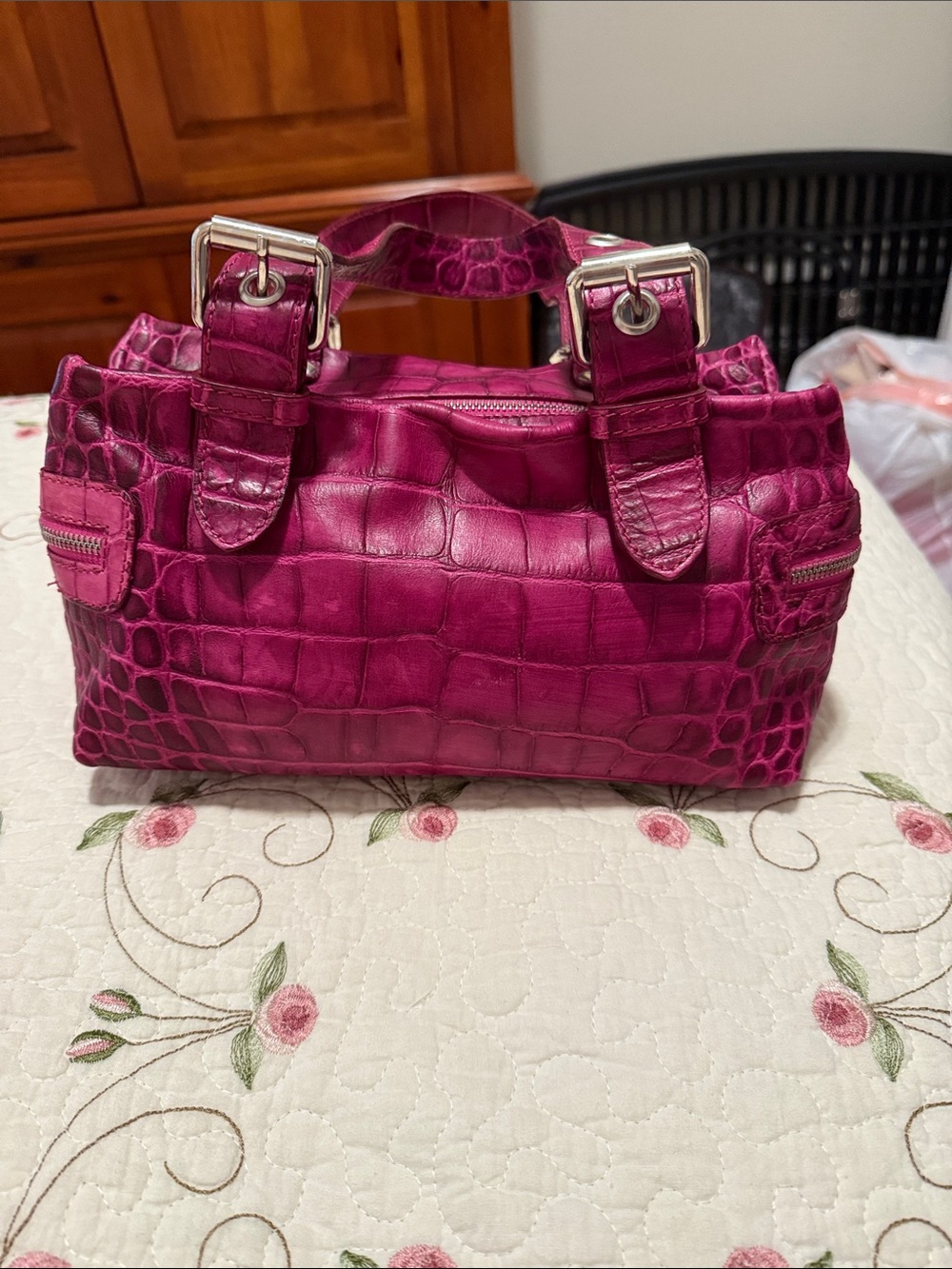 Francesco Biasia Croc-Embossed Magenta Mini Satchel